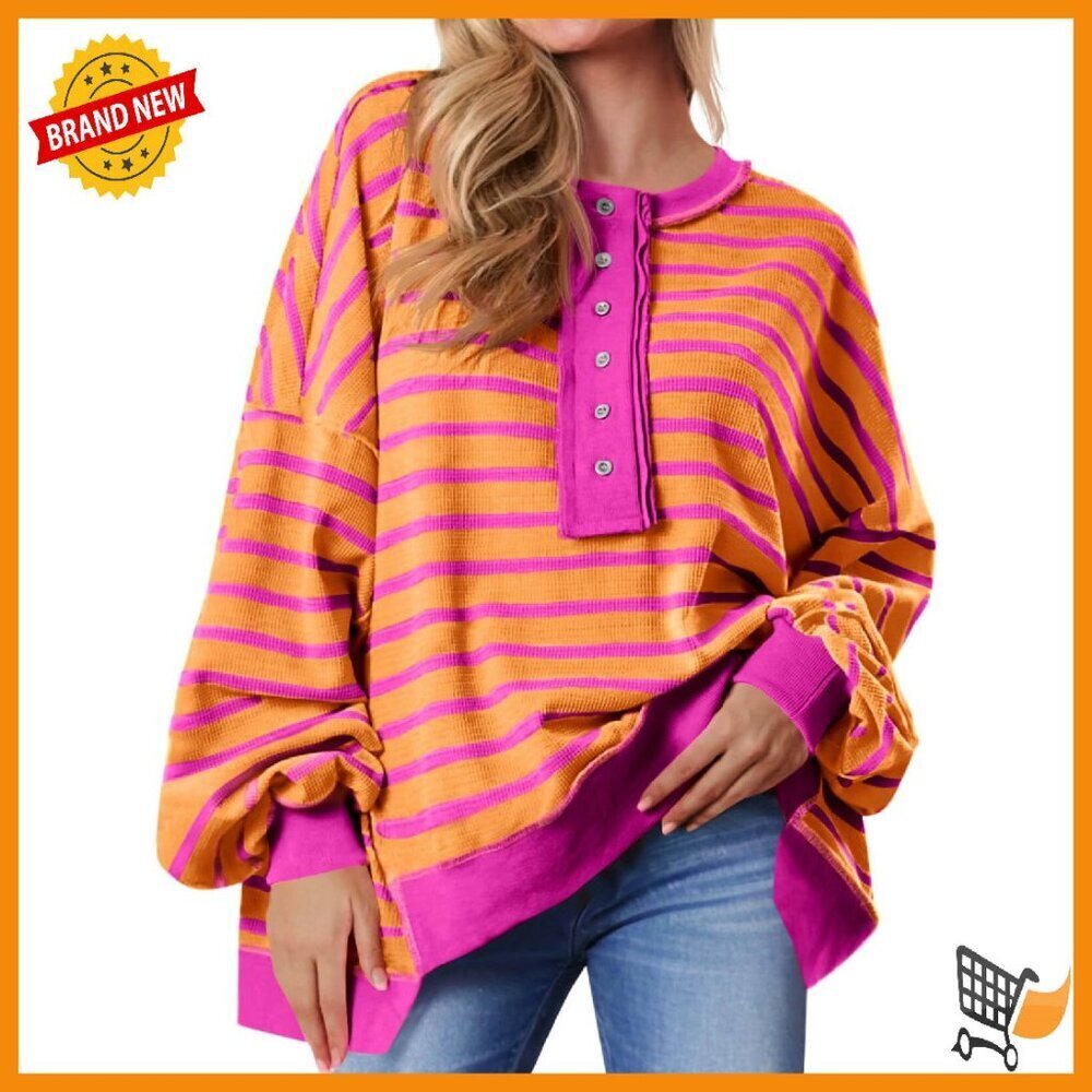 Oversized Waffle Knit Henley Sweatshirt - Recycled Material - Fall Casual